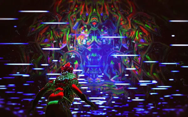4K Ultra HD PC desktop wallpaper from the video game ETRE: neon, psychedelic abstract scene of a figure reaching toward a glowing kaleidoscopic face amid horizontal light streaks.