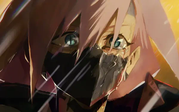 Edgerunners 2 cyberpunk anime 2K Quad HD desktop wallpaper: masked pink‑haired character with a cracked visor, teary eye and rain-slashed face against neon backlight.