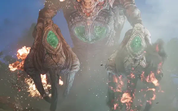 4K Ultra HD PC wallpaper from the video game Final Fantasy VII Revelation: colossal molten monster with twin green cores and flaming claws looming through smoke.