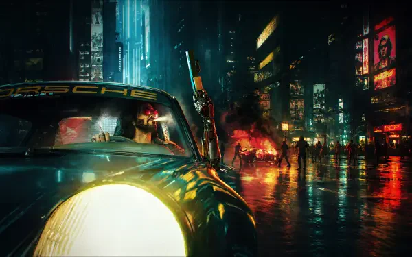 Cyberpunk 2077 4K Ultra HD PC wallpaper: Porsche 911 Turbo with headlight blazing on a rain-slick neon street, armed figure at the door, towering futuristic city and reflections.