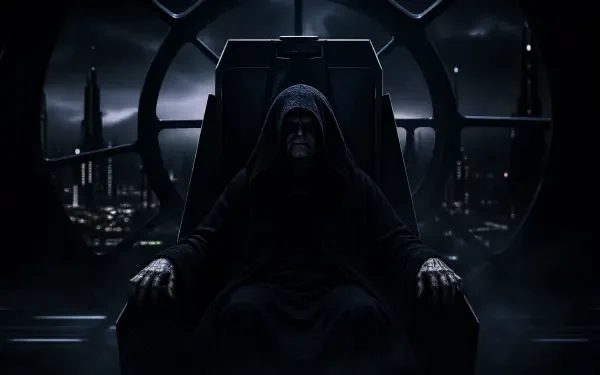 4K Ultra HD PC desktop wallpaper: Emperor Palpatine, hooded and shadowed, seated on a looming throne amid a dark, villainous cityscape.