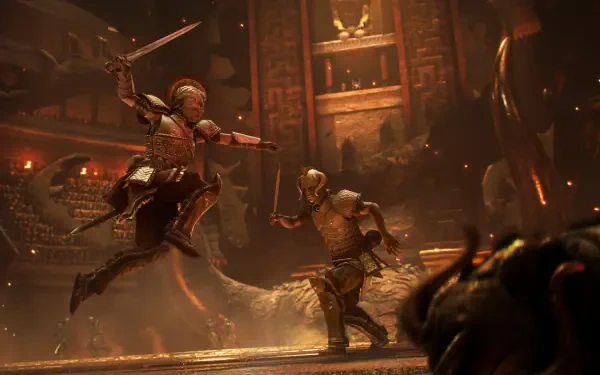 HD PC desktop wallpaper/background from the video game Resonance: A Plague Tale Legacy — two Spartan warriors clash in a fiery arena, one leaping with sword, the other bracing a shield.