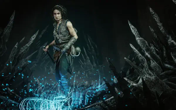 HD PC wallpaper showing a woman warrior game character from the video game Resonance: A Plague Tale Legacy, standing among glowing blue sigils and jagged black crystals.