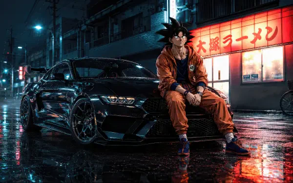 Goku (Anime) in his orange gi sits on the hood of a black sports car on a neon, rain-slick street — 4K Ultra HD PC desktop wallpaper and background.