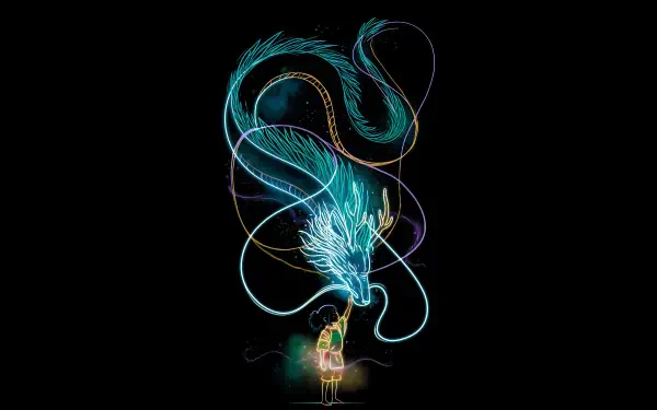 Haku (Spirited Away) as a glowing teal-and-gold dragon coiling above a small figure, anime 5K Ultra HD PC desktop wallpaper and background on a black backdrop.