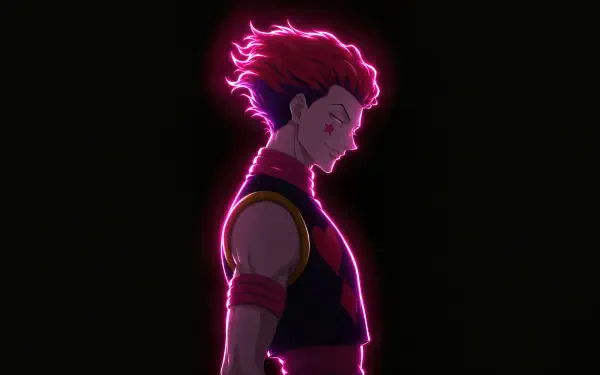 Hisoka (Hunter × Hunter) side profile with glowing neon-pink aura and red hair against a black backdrop — 5K Ultra HD PC desktop wallpaper.
