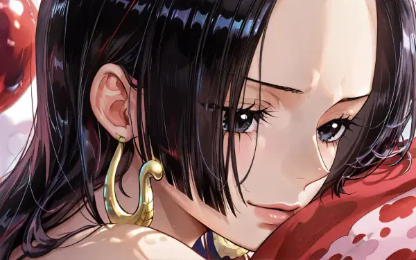 Close-up of Boa Hancock (One Piece) in manga/anime style with glossy black hair and a gold snake earring, resting against a red serpent pattern — 4K Ultra HD PC desktop wallpaper background.