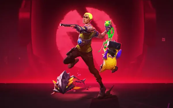 HD PC desktop wallpaper: Valorant agent Gekko lunging with a shotgun, neon-green companion creatures and a stylized helmet before a glowing red moon backdrop.