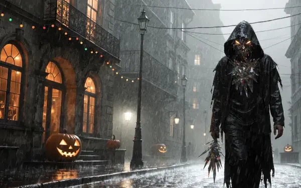 2K Quad HD PC desktop wallpaper background: scary Halloween reaper with glowing eyes and scythe‑like claws stalks a rain‑slick city street past jack‑o'‑lanterns in moody horror style.