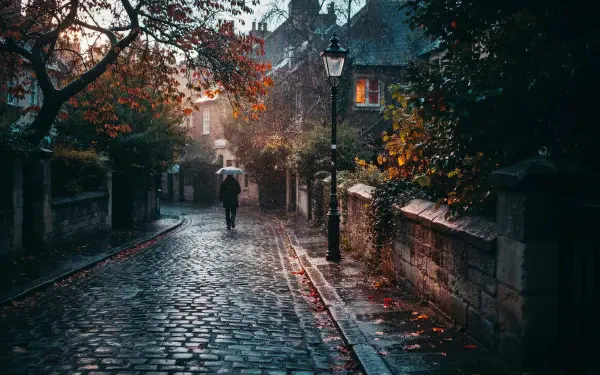Rainy fall cobblestone alley street at dusk with a lone figure under an umbrella; warm lamp light and wet reflections — 2K Quad HD PC desktop wallpaper/background.