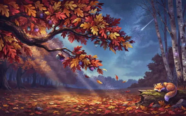 2K Quad HD PC wallpaper — autumn fall aesthetic: a tree's red-orange leaves form a canopy over a leaf-strewn forest clearing beneath a soft twilight sky.