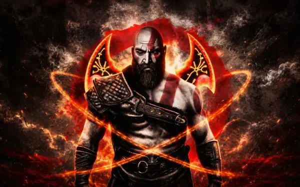 Kratos (God of War) digital art 4K Ultra HD PC desktop wallpaper: bearded, tattooed warrior with glowing crimson axe amid a fiery, smoky background.