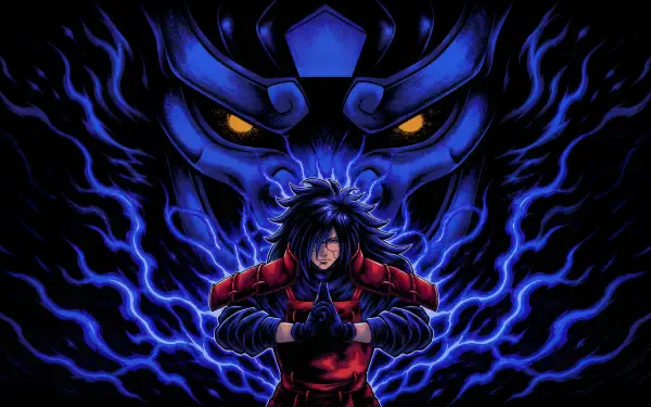 Madara Uchiha from Naruto, hands clasped in red armor as blue chakra swirls into a demonic mask silhouette behind him — vibrant 4K Ultra HD PC desktop wallpaper.