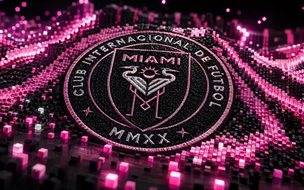 Inter Miami CF crest in neon pink‑black pixelated mosaic with glowing waves, MLS soccer emblem on a 4K Ultra HD PC desktop wallpaper background.