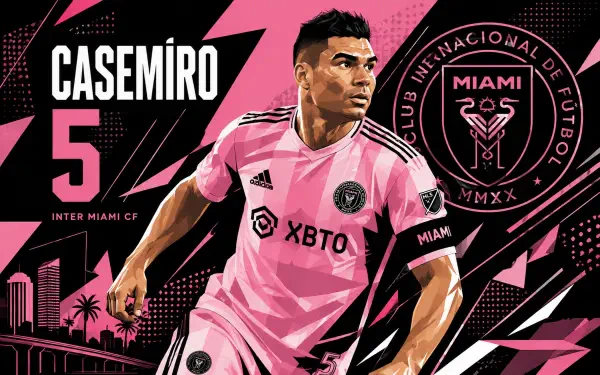 4K Ultra HD PC desktop wallpaper/background of Inter Miami CF MLS soccer art: a pink‑kit midfielder wearing No. 5, club crest, Miami skyline and bold dynamic graphic design.