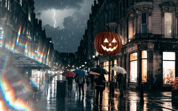 2K Quad HD PC desktop wallpaper: rainy nighttime city street with umbrellas, a glowing jack-o'-lantern pumpkin hovering above storefronts and a lightning-lit sky for Halloween.