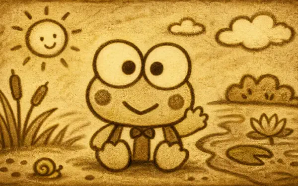 Keroppi frog cartoon in sepia sand-art style by a pond with sun, clouds and cattails — 4K Ultra HD PC desktop wallpaper background.