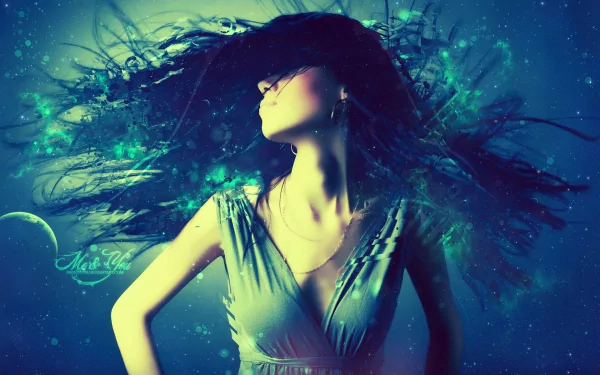 Artistic HD desktop wallpaper featuring a woman immersed in blue trance dance music, with flowing hair and vibrant visual effects.