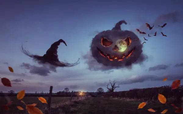 2K Quad HD PC desktop wallpaper: Halloween aesthetic with a floating pumpkin jack-o'-lantern face in a stormy sky, bats and falling leaves above a lonely fence.