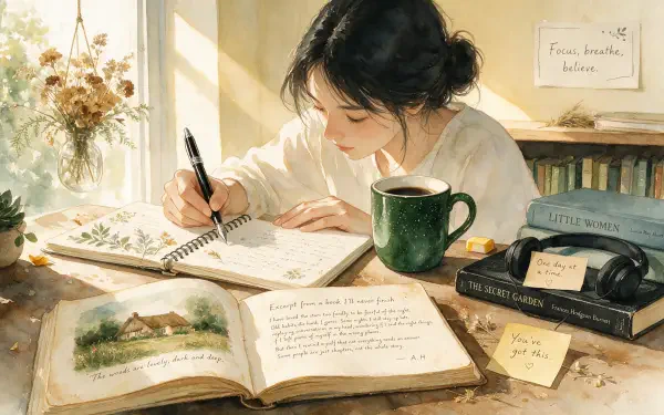 2K Quad HD PC desktop wallpaper/background — study aesthetic: woman writing in a notebook among open books, a green mug and sunlit desk.