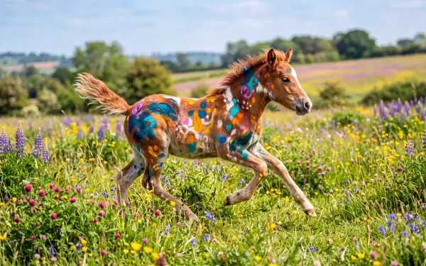 Vibrant painted foal galloping through a wildflower meadow — 5K Ultra HD PC desktop wallpaper.