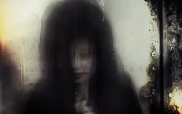 4K Ultra HD PC wallpaper: spooky-season ghost woman with long dark hair, blurred pale face and a distorted reflection in a grim, cracked mirror.