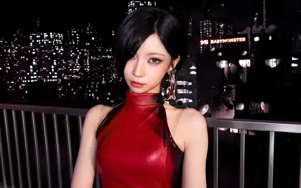 Goth model in a glossy red dress at night, BABYMONSTER‑inspired k‑pop idol aesthetic, 5K Ultra HD PC desktop wallpaper with neon city lights background.