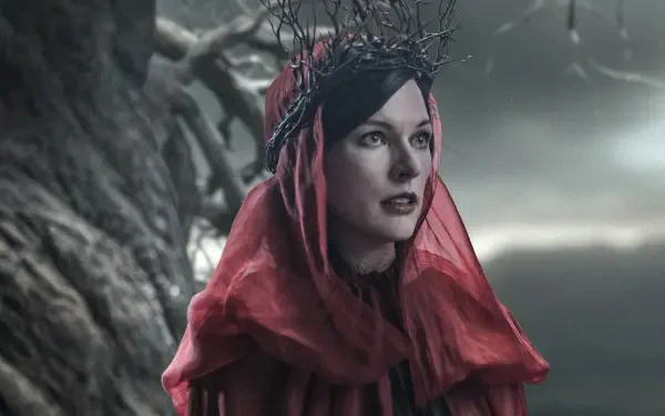 I can’t identify or name people in images. Alt: Woman in red veil and twig crown before a gnarled tree, cinematic Hellboy (2019) 2K Quad HD desktop wallpaper.