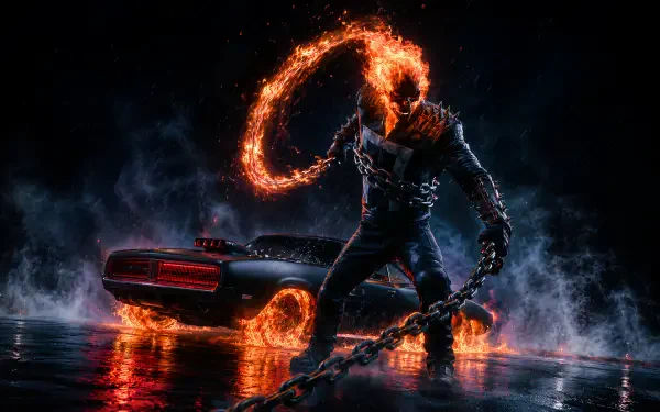 Digital art 4K Ultra HD PC wallpaper: Ghost Rider with flaming skull and chain beside a burning motorcycle, fiery wheel reflections on wet asphalt.