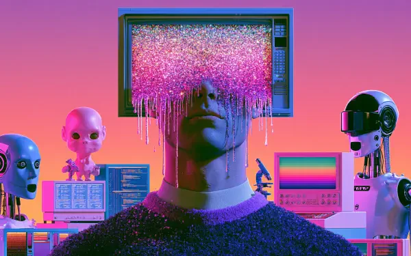 Sci-fi artistic 2K Quad HD PC desktop wallpaper: a humanoid with a glitching TV head spilling pink static, flanked by neon Android robots and retro computer rigs.