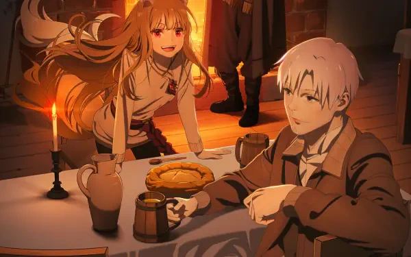 Spice and Wolf's Holo and a companion share a warm tavern meal by candlelight — anime couple; 2K Quad HD PC desktop wallpaper/background.