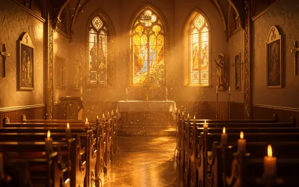 Gilded chapel interior with stained-glass windows, rows of wooden pews and altar bathed in golden light — 4K Ultra HD PC desktop wallpaper background.