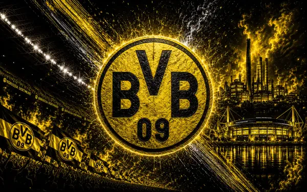 Bold 4K Ultra HD PC Borussia Dortmund wallpaper: glowing BVB 09 crest over dramatic yellow-and-black stadium and cityscape, soccer sports-themed desktop background.