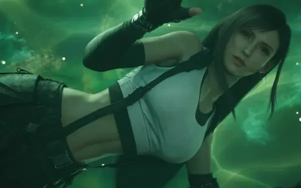 Tifa Lockhart from Final Fantasy VII Rebirth reclining amid swirling green mist — high-detail 4K Ultra HD PC desktop wallpaper and background.