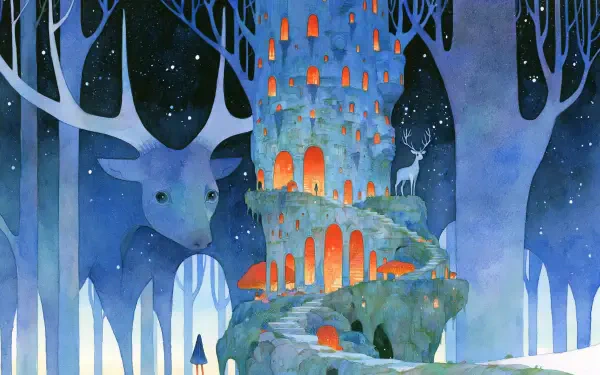 2K Quad HD PC desktop wallpaper: fantasy blue city in a frost-lit forest, a spiral castle glowing with orange windows and towering deer silhouettes.