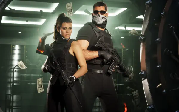 Grand Theft Auto VI 4K Ultra HD PC wallpaper: Jason and Lucia in tactical gear, back-to-back with guns inside a bank vault as cash floats — Grand Theft Auto video game scene.