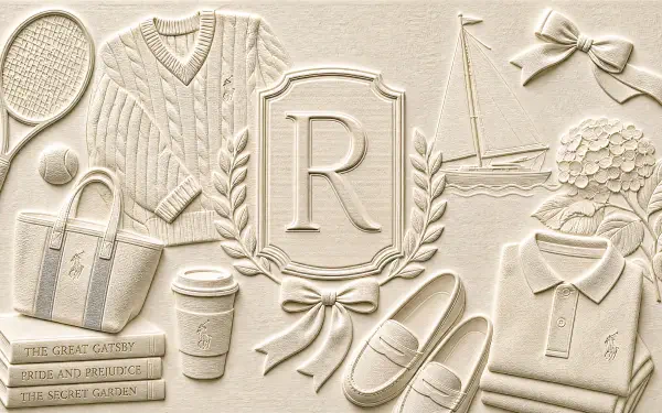 4K Ultra HD PC desktop wallpaper: embossed preppy vignette with monogram R crest, cable sweater, collared shirt, loafers, tote, tennis racket, bow and gift elements.