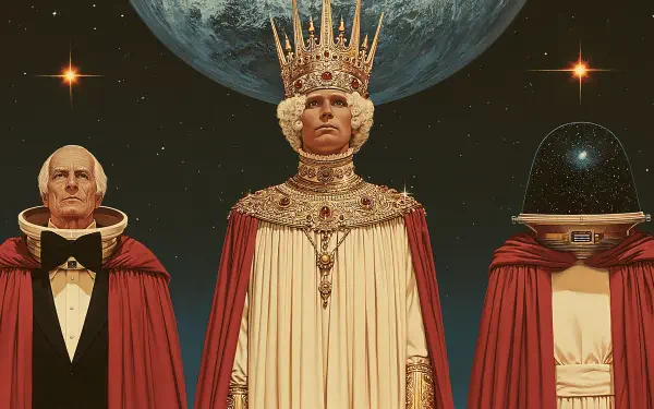 Sci-fi royalty: crowned king in ornate robes flanked by two cloaked figures, one wearing a space helmet, against a planet and starfield — 2K Quad HD PC desktop wallpaper.