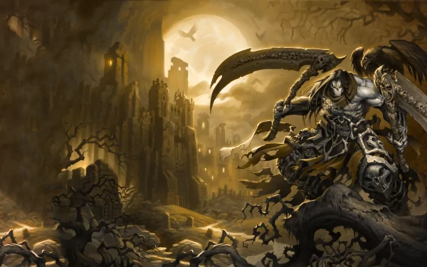 A dark fantasy scene from Darksiders II featuring the grim reaper, Ruin, set against a haunting landscape with a massive moon and shadowy ruins in the background.