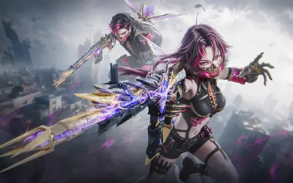 Once Human (video game): two cyberpunk fighters with glowing energy blades leap over a ruined cityscape amid purple-blue sparks and mist. 5K Ultra HD PC Desktop Wallpaper and Background.