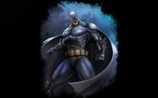 5K Ultra HD digital art desktop wallpaper of Batman, the superhero, posed in armored suit with cape and utility belt against a moody blue-black background.
