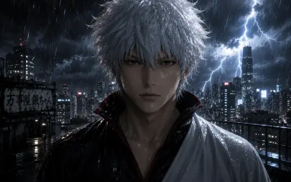 Sakata Kintoki anime portrait in a rain-soaked neon city, lightning flashing overhead, brooding gaze and wet silver hair — high-detail 4K Ultra HD PC desktop wallpaper/background.