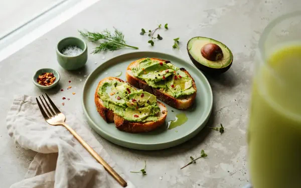 4K Ultra HD PC desktop wallpaper/background: two avocado toast slices topped with smashed avocado and herbs, a halved avocado, small bowls of seasonings and a gold fork on a light surface.