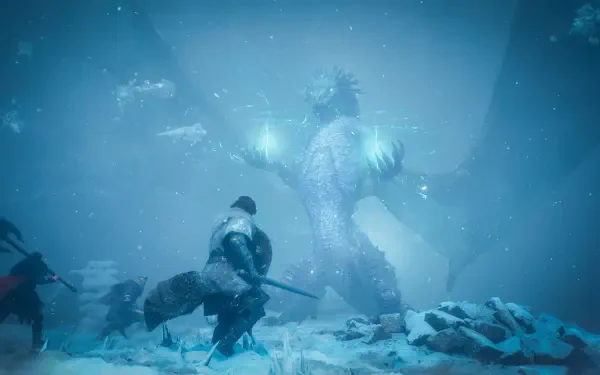 8K Ultra HD PC desktop wallpaper: Dragon's Dogma 2, Dark Arisen — an armored warrior confronts a towering ice dragon/monster amid a blue, snowy battlefield.