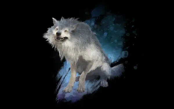 8K Ultra HD PC desktop wallpaper of a gray wolf from Dragon's Dogma 2: Dark Arisen, rendered against a moody blue-black background.