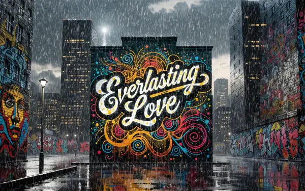 Rain-drenched cityscape with vivid graffiti mural reading Everlasting Love amid street art–covered walls and reflective pavement — 4K Ultra HD PC desktop wallpaper/background.