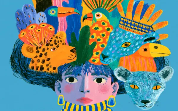 Vibrant portrait of a person wearing a hat made of colorful animals—toucans, leopard, big cat—bold illustrative design rendered as a 2K Quad HD PC desktop wallpaper and background.