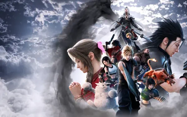 4K Ultra HD PC desktop wallpaper of Final Fantasy VII Revelation from the video game Final Fantasy, featuring Cloud Strife leading a group of characters beneath a stormy, dramatic sky.