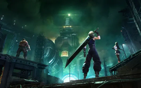 4K Ultra HD PC desktop wallpaper — Final Fantasy video game heroes Cloud Strife, Tifa Lockhart and Barret Wallace stand above a glowing, industrial cityscape.