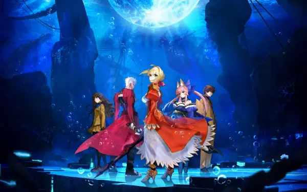 Fate/extra anime group of five on a glowing platform in a blue-lit cavern beneath a huge moon — vibrant 4K Ultra HD PC desktop wallpaper